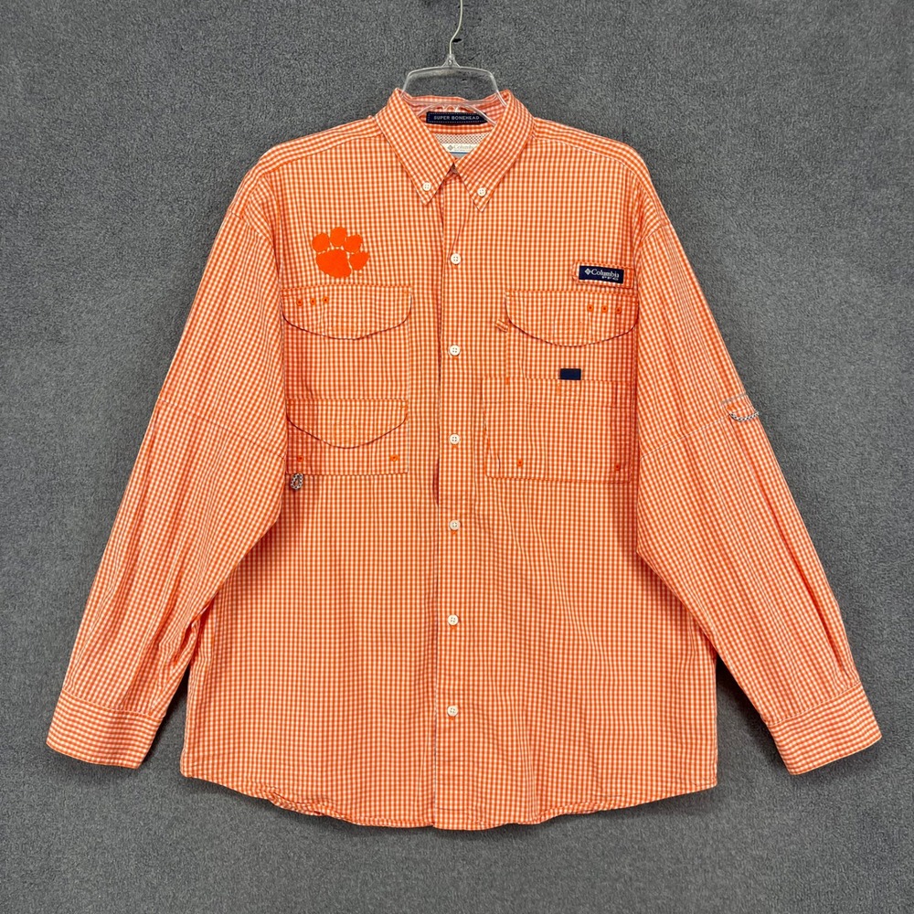 Columbia PFG Super Bonehead Shirt Mens M Orange Clemson Tigers Gingham Fishing
